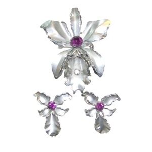Vintage Bugbee & Niles Silver Orchid Purple Stone Earring Pendant/Brooch Set